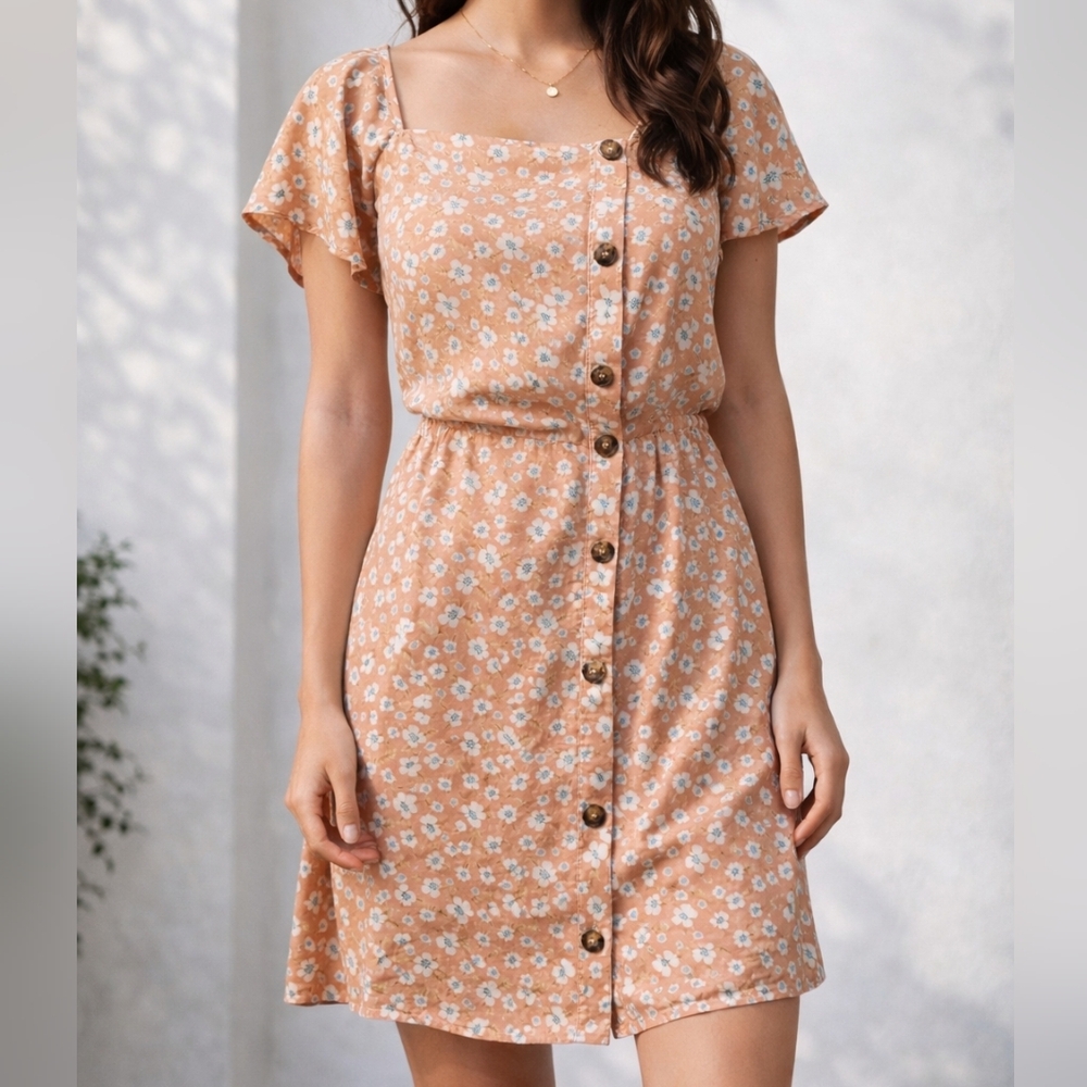 Sienna Sky Floral Dress Size M Peach Button Front Smocked Back Short Sleeve